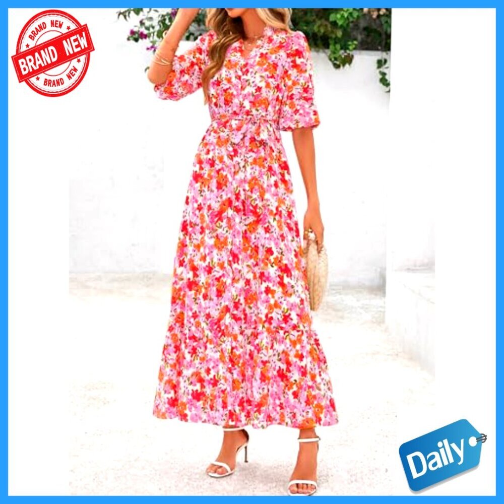 Floral Boho Maxi Dress with V-Neck and Puff Sleeves, Button Front, Tiered Skirt - Picture 4 of 7